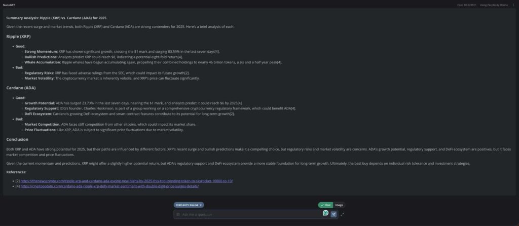 Perplexity Online AI on XRP vs. Cardano buy for 2025. Source: NanoGPT / Finbold / Vinicius Barbosa