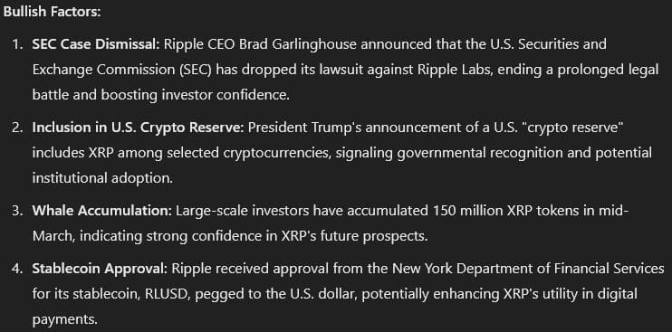 Bullish factors affecting XRP. Source: ChatGPT/Finbold